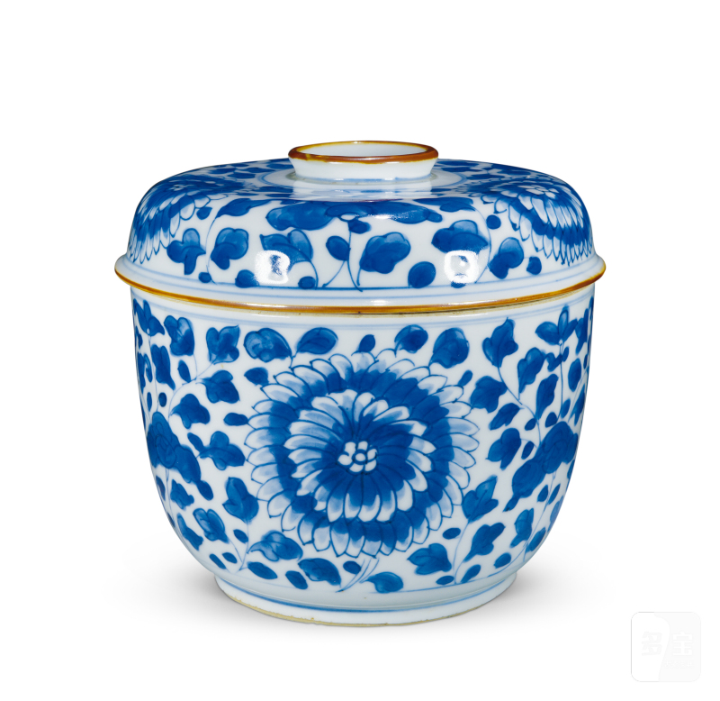 清康熙 青花花卉纹盖缸